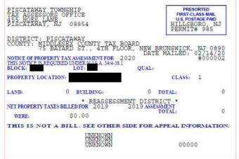 New Jersey Property Tax Assessment postcard